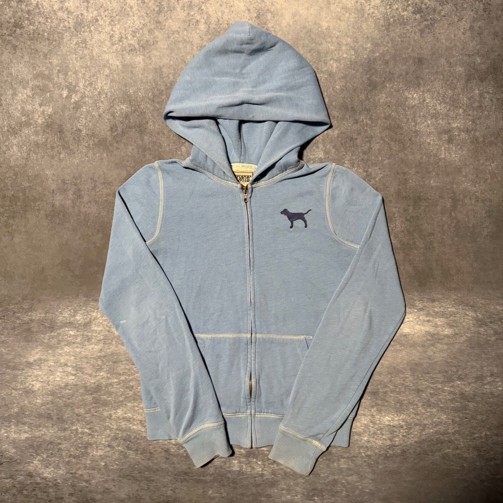 VTG Victoria Secret PINK Hoodie Small Light Blue Full Zip Dog Logo Y2K McBling